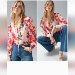 White House Black Market Chiffon Floral  Tie Neck CoquetteBlouse  W/ Tank  Large